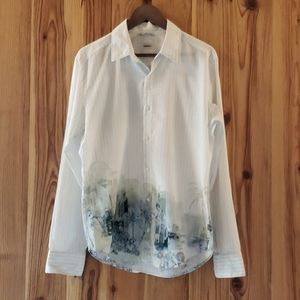 Kenzo - Blue Striped Shirt With Watercolor Style Landscape Around the Waist - M